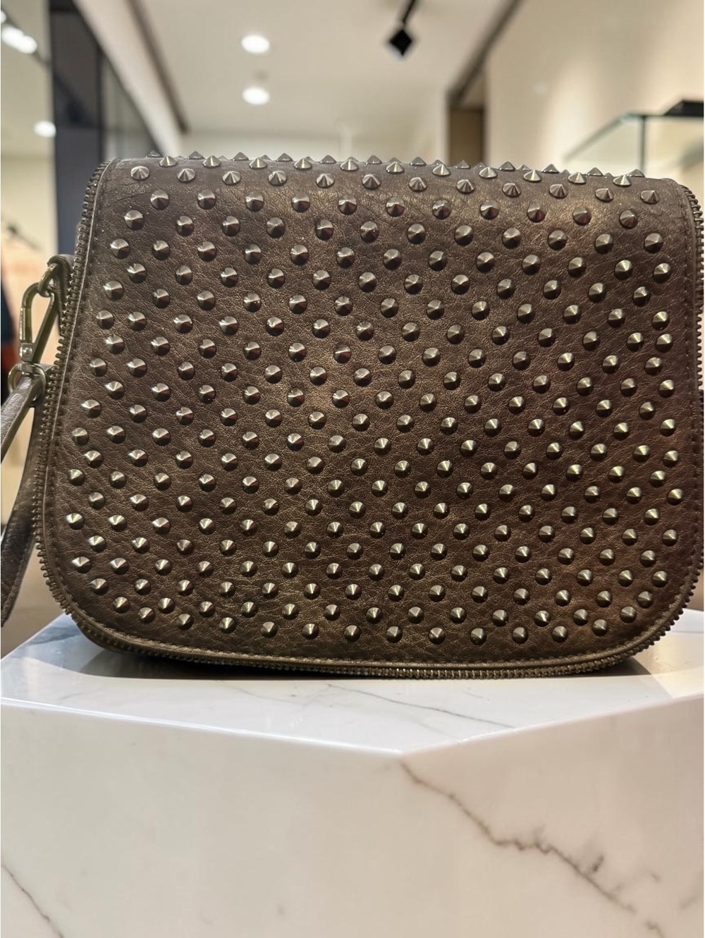 MMS Y2K Gunmetal Studded Crossbody Bag Metallic Pewter Punk Rock Moto Purse